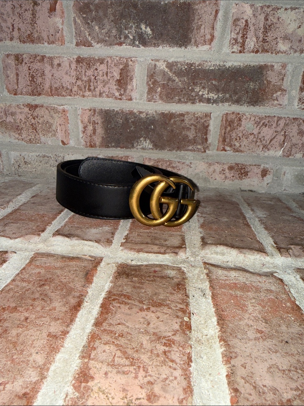 Black Leather Belt with Brass Double G Buckle size 95